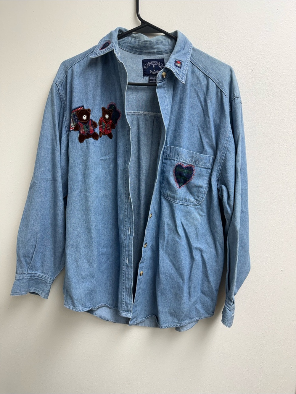 Vintage Denim Button-Down Shirt with Plaid Bear & Heart Appliqués
